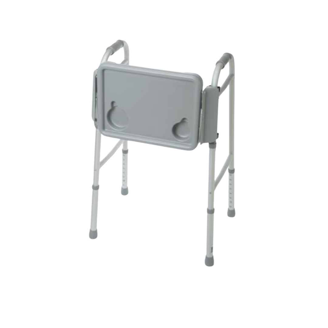 The Medline Folding Walker Tray, featuring two cup holders, is shown attached to a gray folding walker with adjustable legs and rubber tips, isolated on white. This practical accessory adds convenience for users on the go.