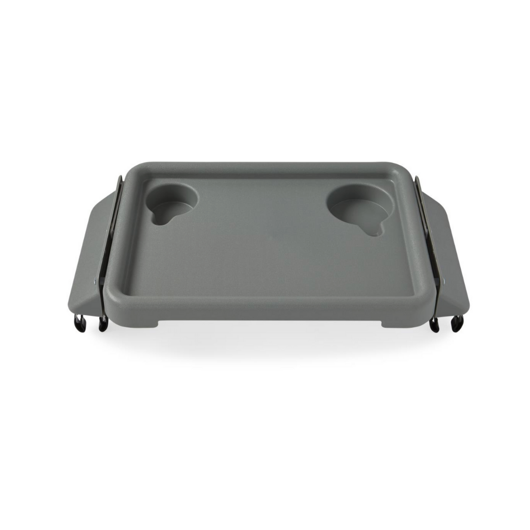 The Medline Folding Walker Tray, shown on a white background, features two cup holder slots, side handles, and small wheels for easy mobility—an excellent walker accessory.