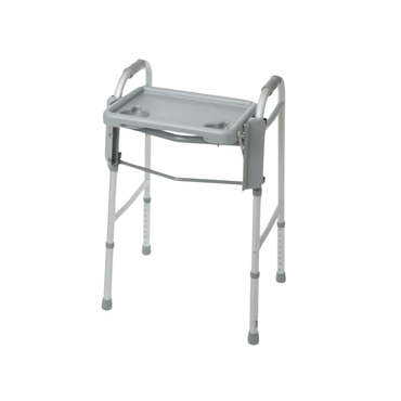 The Medline Folding Walker Tray is a gray folding walker accessory with four adjustable legs and a built-in tray, designed to assist with mobility and carrying items—ideal for those seeking practical walker solutions.