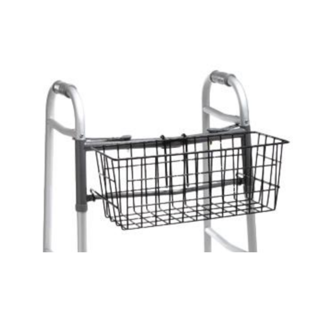 The Medline Wire Walker Basket – Front Hanging Walker Basket attaches to the front of a silver 2-button walker frame, featuring a rust-resistant coating for convenient item carrying and added mobility assistance.