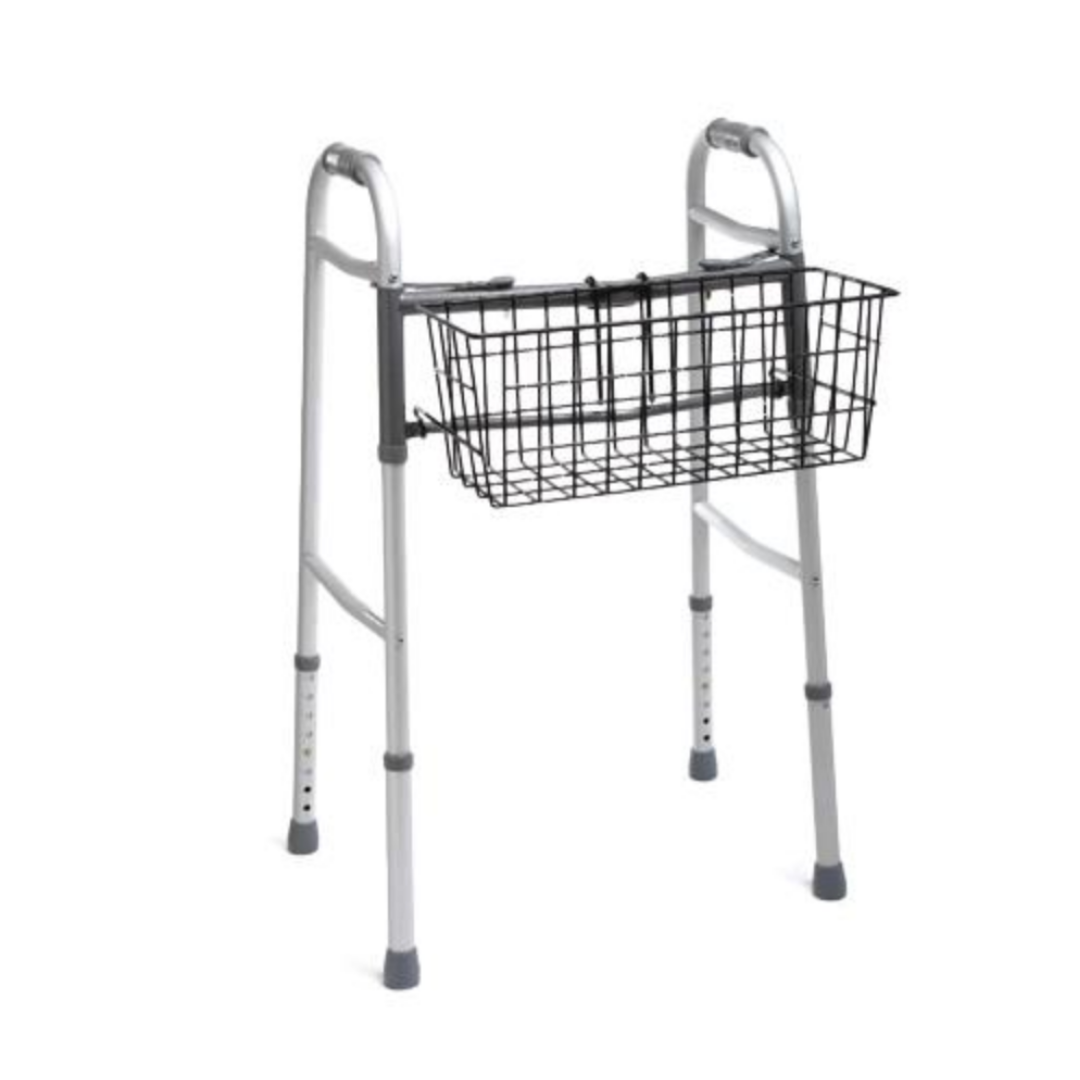 The Medline Wire Walker Basket is a black front-hanging basket designed for 2-button silver walkers with four legs and rubber tips, features a rust-resistant coating, and offers convenient storage for carrying items.