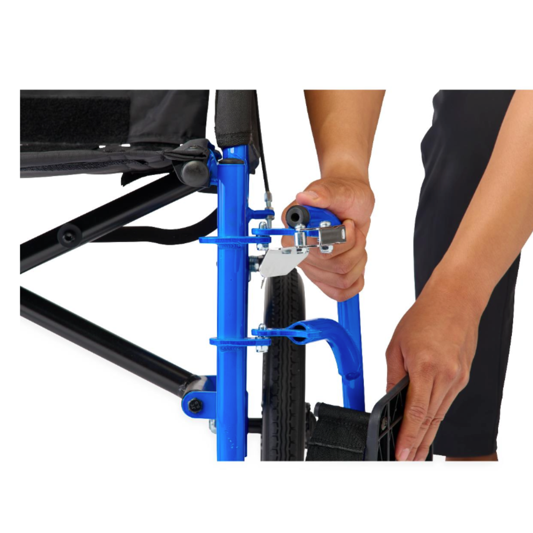 A person adjusts the wheel of a blue Medline Zero G Ultralite Transport Chair, focusing on its aluminum frame and foldable design for easy storage and transport.