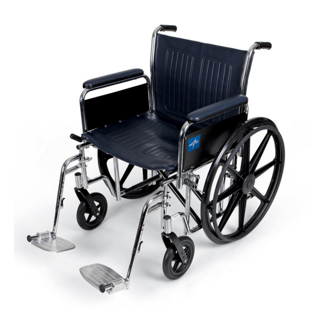 The Medline Bariatric Extra-Wide Wheelchair, in blue with a durable carbon steel frame, features large rear and small front wheels on a white background. It includes footrests and armrests, and displays a blue cross symbol on the side.