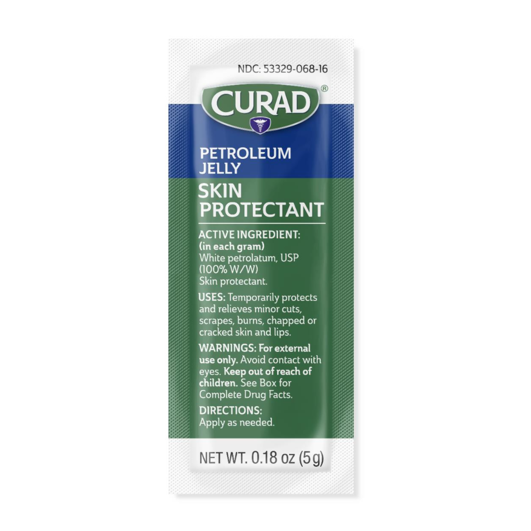 A single-use 0.18 oz (5g) packet of Medline CURAD Petroleum Jelly, featuring active ingredient, usage, warnings, and directions in white and green text on a green background—a versatile multi-use skin protectant.