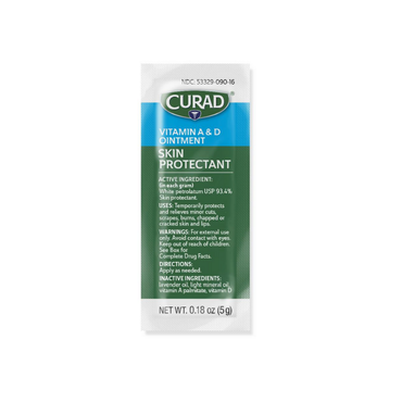 A 0.18 oz single-use packet of Medline Curad Vitamin A and D Ointment Skin Protectant moisturizes skin. The package lists active ingredients, uses, warnings, and directions on a white background with green, blue, and gray accents.