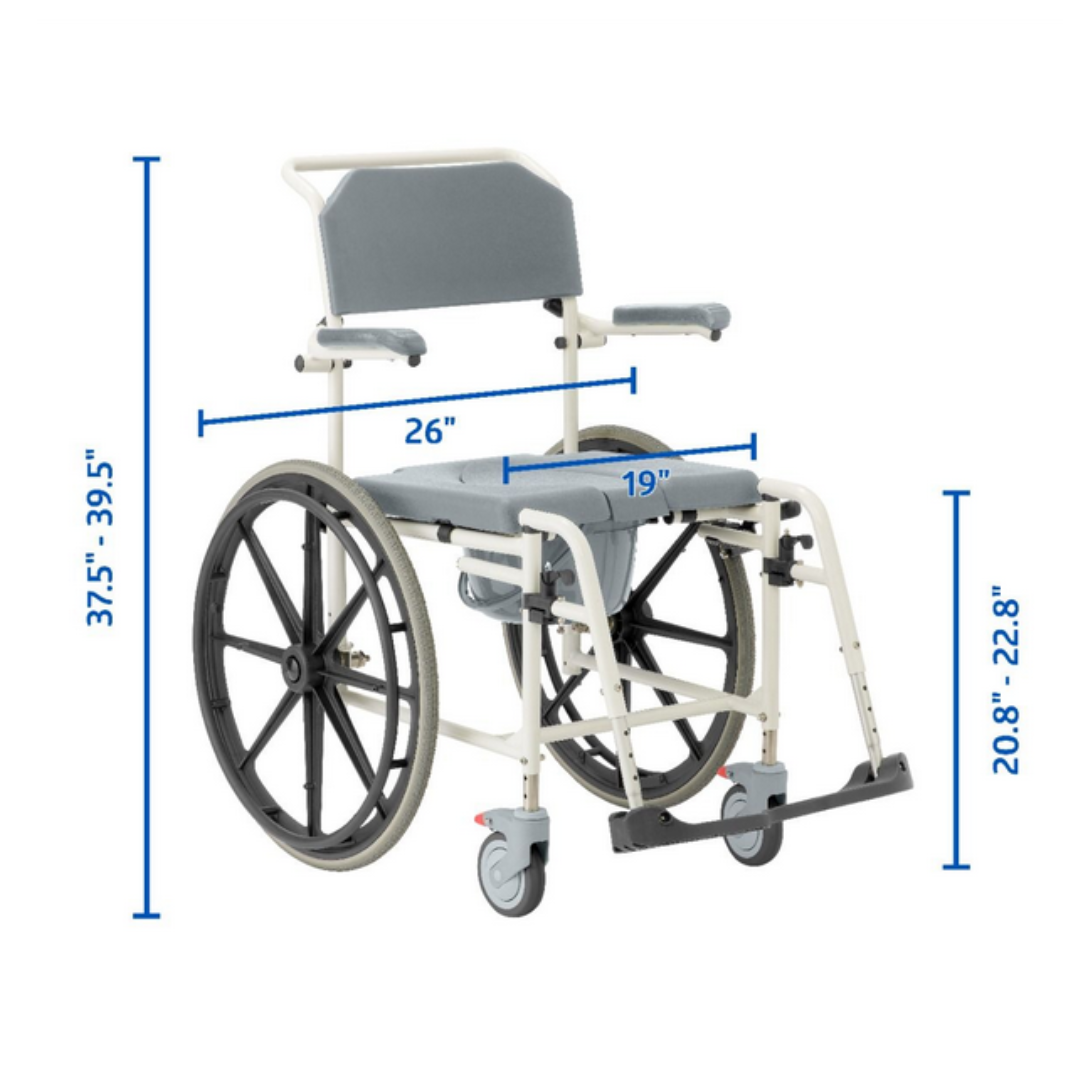 The Medline Aluminum Padded Shower Wheelchair Commode, in white and gray, has a seat width of 19, overall width of 26, seat height from 20.8 to 22.8, and back height between 37.5 and 39.5. It features large rear wheels and small front casters for versatile mobility and comfort in hygienic settings.