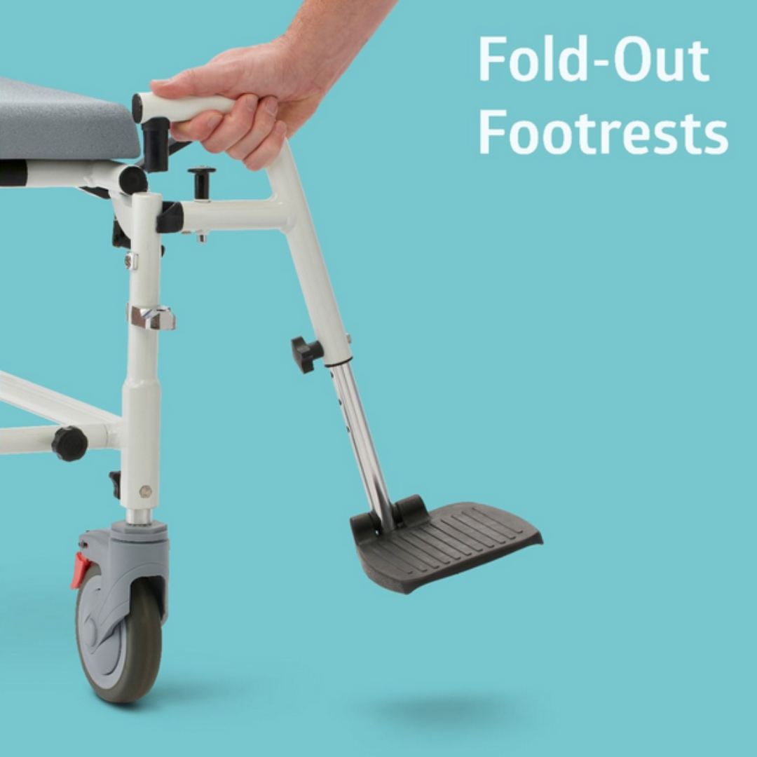 A person unfolds a footrest on the Medline Aluminum Padded Shower Chair Commode, which is white and grey with wheels, against a blue background. Text reads: Fold-Out Footrests.