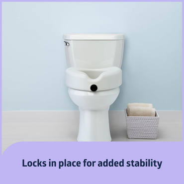 A Medline 5 Raised Easy Locking Toilet Seat with Microban Treatment is shown against a light blue wall. A basket with folded towels sits nearby. Text reads: Locks in place for added stability.