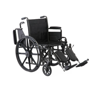 The Medline Guardian K1 Wheelchair features a durable black frame, large rear wheels, small front casters, padded vinyl seat, and outward-extending adjustable leg rests—ideal for everyday mobility needs.