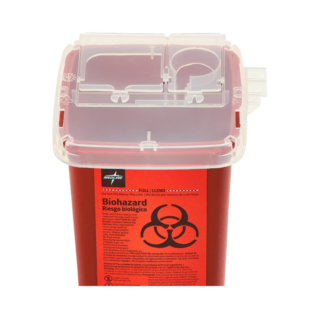 The Medline Multipurpose Sharps Containers, in red with a clear lid, display black biohazard symbols and safety instructions on the front, with labels reading "Biohazard" and "Riesgo biológico" for safe medical waste disposal.