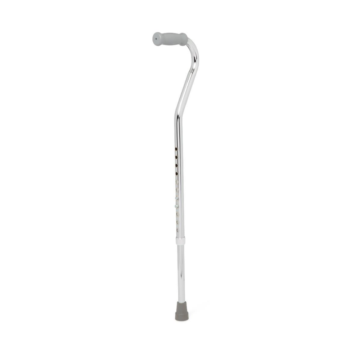 The Medline Offset Handle Bariatric Cane - 500 lb Cap in silver stands upright against a white background, featuring an offset handle and a rubber tip for stability.
