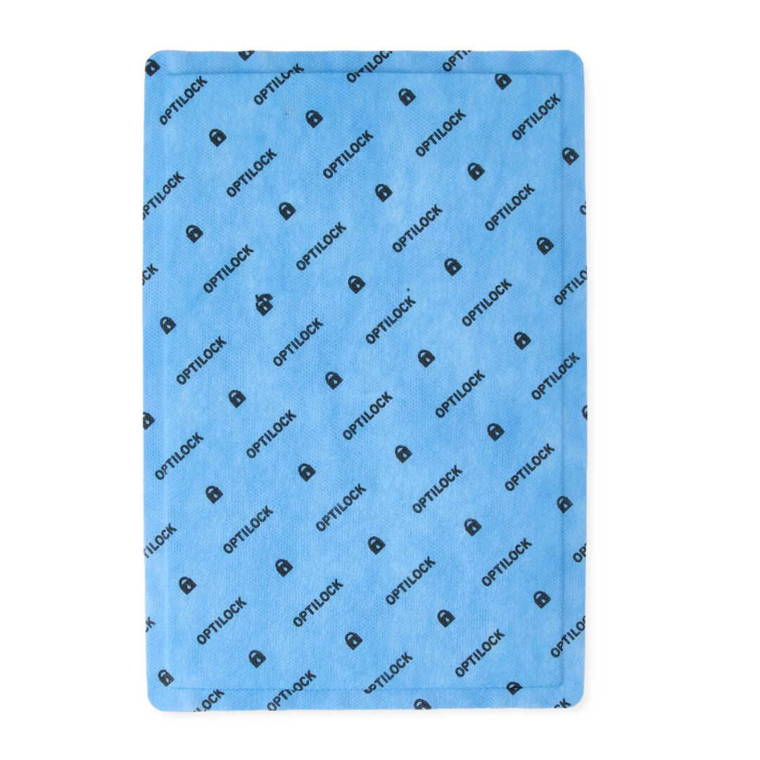 A rectangular blue Medline OptiLock Nonadhesive Super Absorbent Wound Dressing features "OPTILOCK" and a small lock icon printed in a diagonal pattern, similar to highly absorbent wound or pressure injury dressings.
