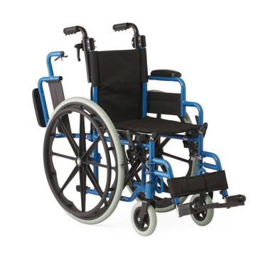 The Medline Pediatric Kidz Guardian Wheelchair, featuring large rear wheels, small front wheels, footrests, padded armrests, and adjustable features in blue and black, is shown on a white background.