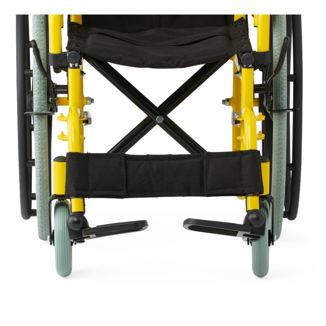 Front view of the Medline Pediatric Kidz Guardian Wheelchair in yellow with light green wheels, black seat fabric, and footrests on a white background, highlighting its adjustable comfort and safety features.