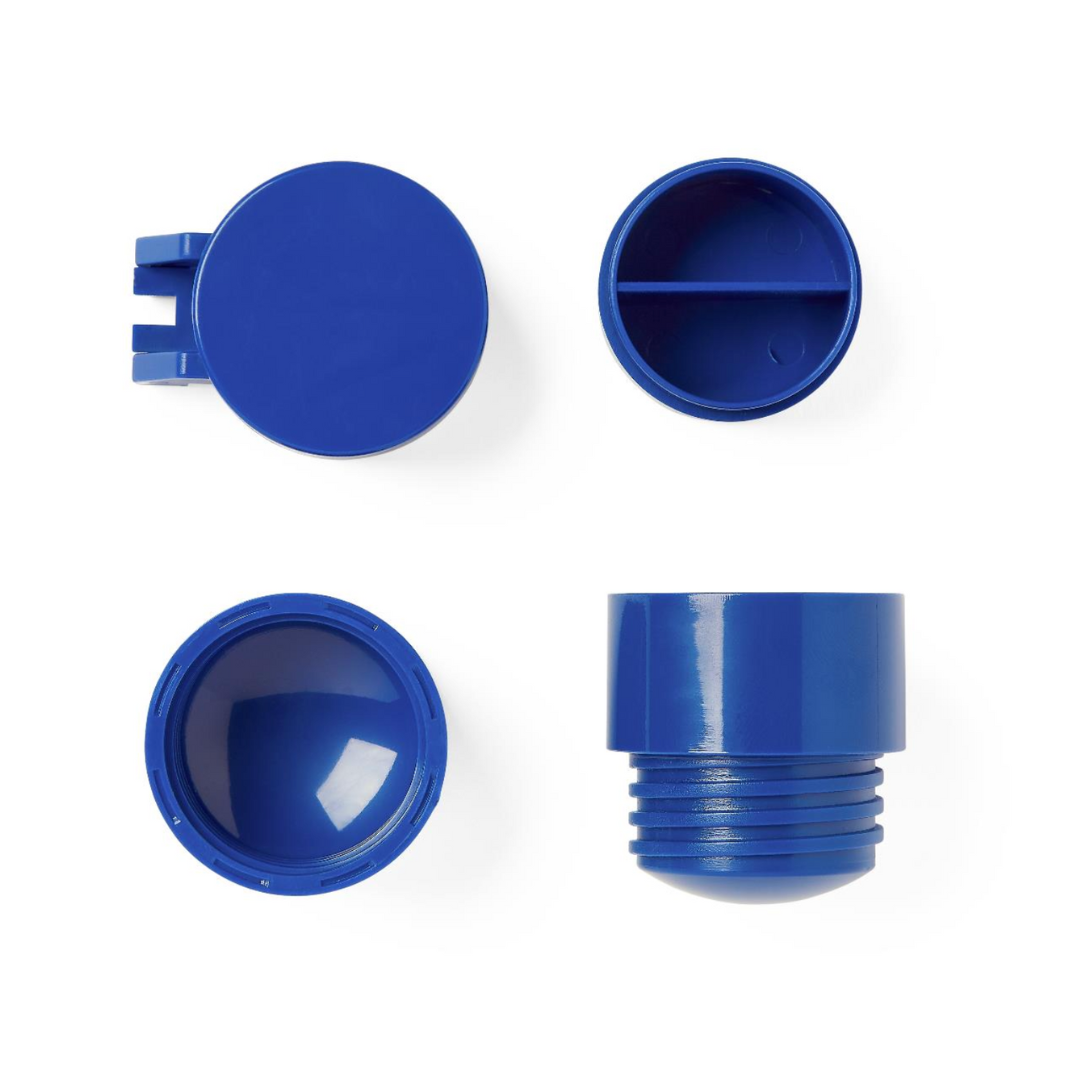 Four views of the Medline Pill Crusher and Splitter Combo Device, a round blue plastic container with screw-on lid, showing the top, interior divider, open bottom, and threaded side—ideal for medication management.