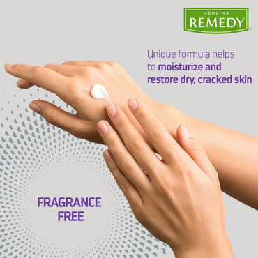 A person applies white lotion to the back of their hand. Text: “Medline Remedy Clinical Skin Cream - Full Body Lotion moisturizes and restores dry, cracked skin with long-lasting hydration. Petrochemical & fragrance free.” Medline Remedy logo in top right corner.