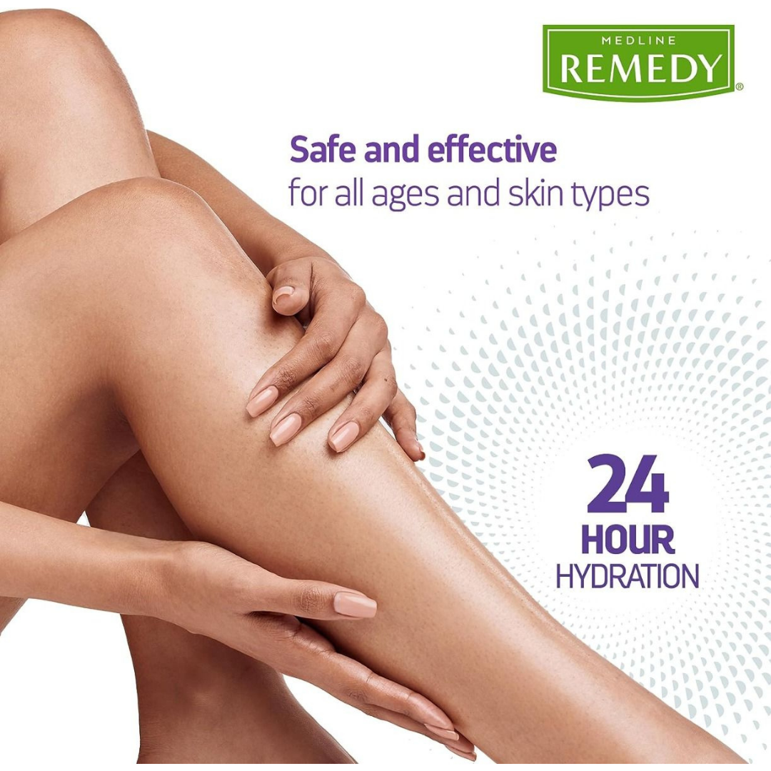 A person caresses their smooth, hydrated legs while text highlights Medline Remedy Clinical Skin Cream—Full Body Lotion as petrochemical-free, safe for all ages and skin types, and providing 24-hour long-lasting comfort.