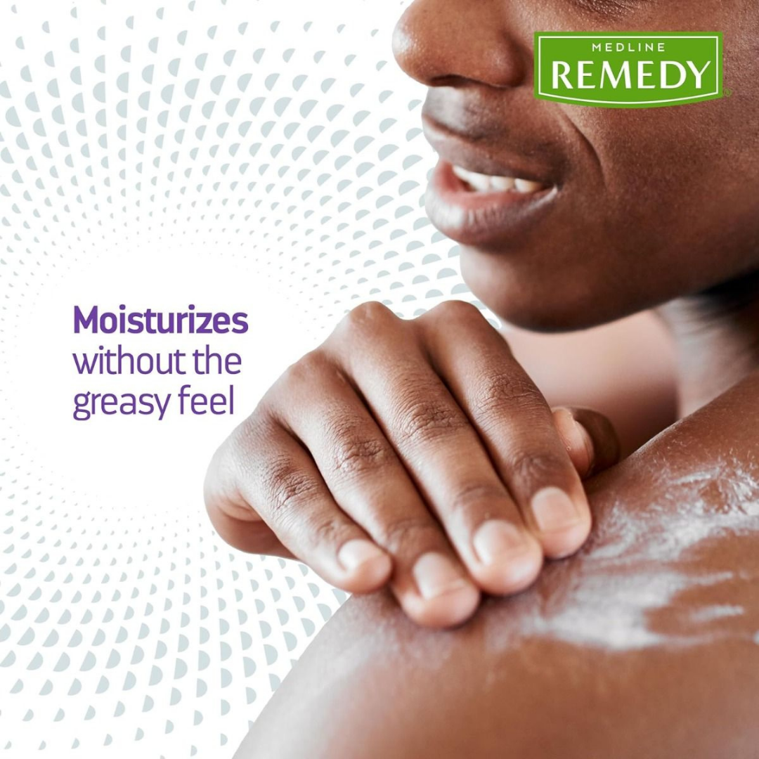 A person applies lotion to their shoulder. The text reads: Medline Remedy Clinical Skin Cream – Full Body Lotion delivers long-lasting hydration without the greasy feel. The Medline Remedy logo is at the top right with a dotted swirl background.