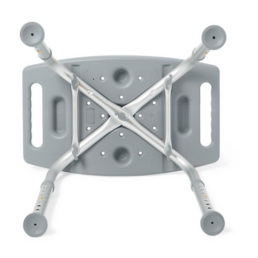 The Medline Shower Chair with Suction Grip Feet is displayed upside down, highlighting its four adjustable legs with slip-resistant tips, a rectangular seat with drainage holes, and two side handles. It features Microban antimicrobial protection for extra support.