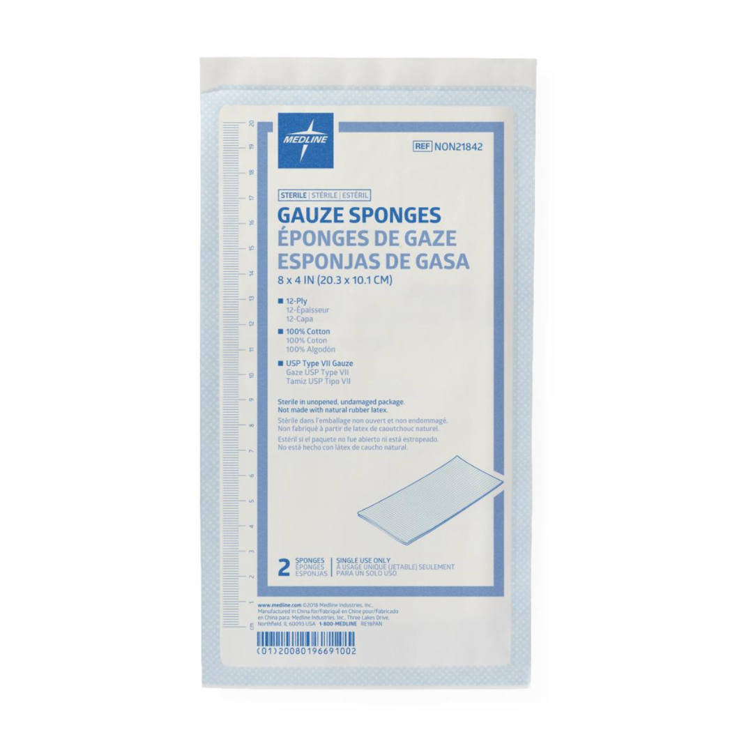 A sealed wrapper of Medline Sterile 100% Cotton Woven Gauze Sponges, labeled in English and Spanish, contains two 8 x 4 in (20.3 x 10.1 cm) 2-ply sponges.