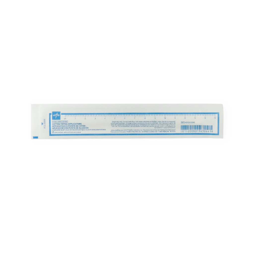 The Medline Sterile Cotton-Tipped Applicator pairs well with a clear plastic ruler in its packaging, featuring centimeter and inch markings, blue text, and a barcode—perfect for precise measurements in clinical settings.