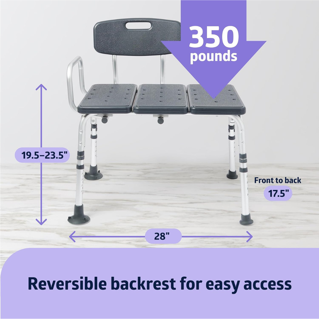 The Medline Tub Transfer Bench with Reversible Backrest supports up to 350 pounds and features a rust-resistant aluminum frame and adjustable legs. Its dimensions are 28 wide, 17.5 deep, and height adjustable from 19.5 to 23.5.