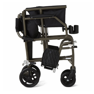 The Medline Ultralight Transport Chair, weighing only 15 lbs, is displayed folded on a white background. It features four small wheels, footrests, and a side cup holder. Its durable aluminum frame and convenient foldable design make it easy to handle and ideal for travel.