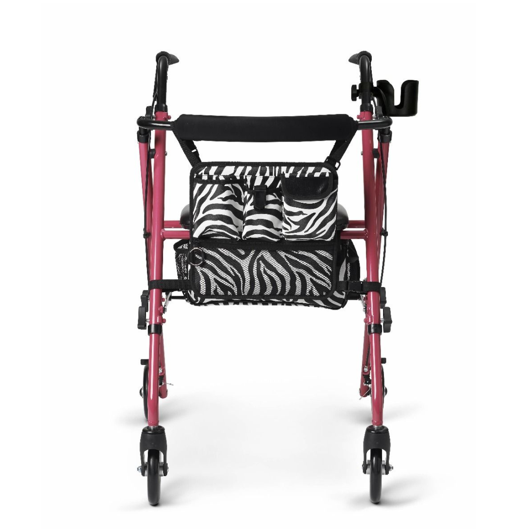 The Medline Posh Pink Zebra Rollator, showcased from the back in red, is a lightweight rollator with four wheels. It includes a black seat, ergonomic brake handles, and a zebra print storage bag at the front for excellent mobility support.