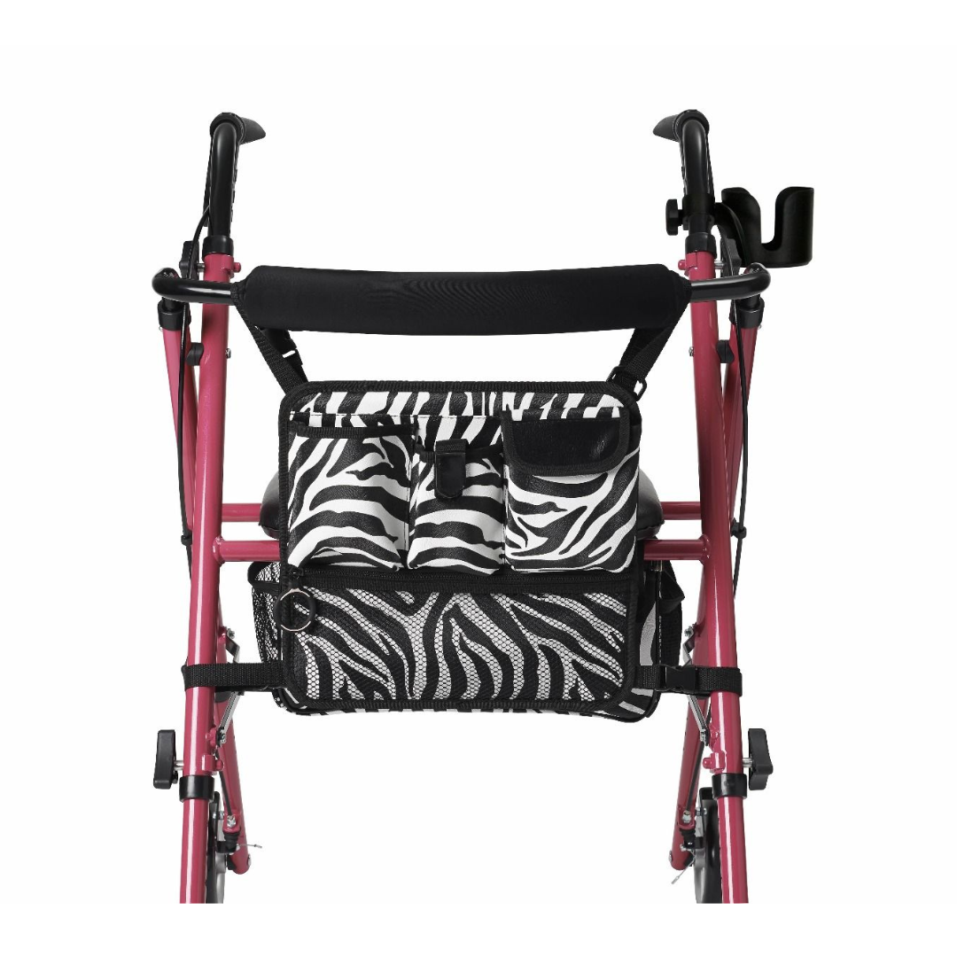 The Medline Posh Pink Zebra Rollator has a zebra-patterned bag with multiple pockets and a black elastic strap at the rear, providing convenient storage and easy access. It offers perfect mobility support with ergonomic brake handles for effortless maneuverability.