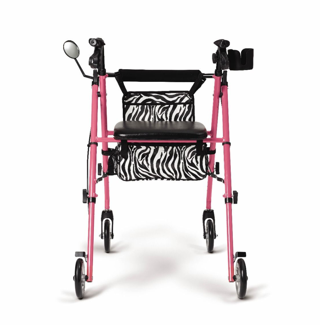 The Medline Posh Pink Zebra Rollator is a lightweight model featuring four wheels, a black seat, ergonomic brake handles, a zebra-patterned storage bag, side mirror, and cup holder for enhanced mobility support.