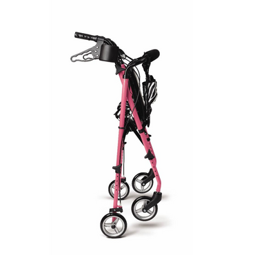 The Medline Posh Pink Zebra Rollator, a pink lightweight mobility aid with four wheels and ergonomic brake handles, is displayed standing upright against a white backdrop.