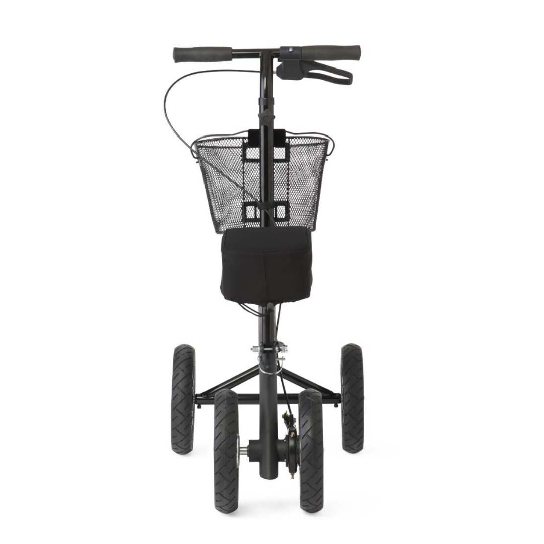 Front view of the Medline All-Terrain Portable Knee Walker, a four-wheeled black scooter with all-terrain wheels, handlebar handbrake, mesh basket, and cushioned knee rest.