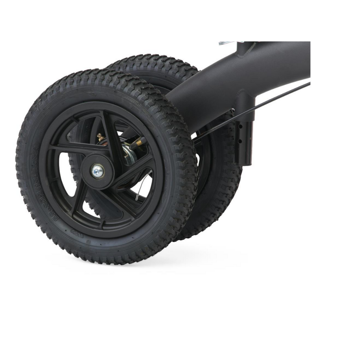 Close-up view of two large black rubber all-terrain wheels with deep treads, attached to the dark metal frame of the Medline All-Terrain Portable Knee Walker with a height-adjustable design, isolated on a white background.