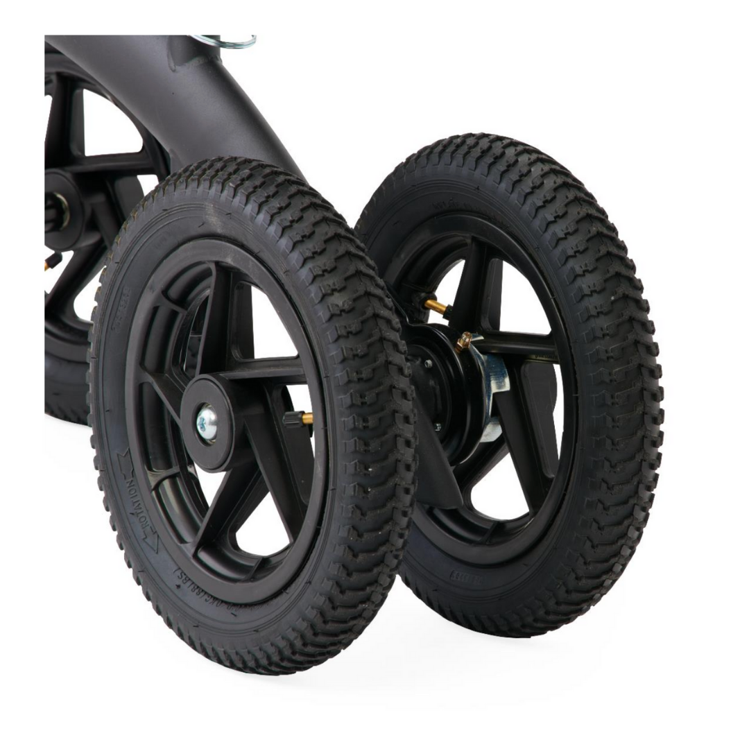 Close-up of two black, textured all-terrain wheels with black spokes on the Medline All-Terrain Portable Knee Walker, attached to its frame against a white background.