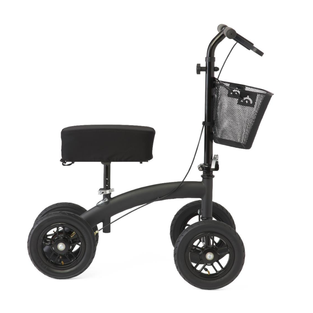 The Medline All-Terrain Portable Knee Walker is a black knee scooter with four all-terrain wheels, a padded knee rest, height-adjustable handlebars with hand brakes, and a front mesh basket.