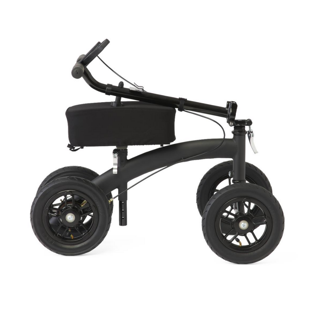 The Medline All-Terrain Portable Knee Walker features large all-terrain wheels, a padded platform, and raised handlebars to provide comfortable knee support and easy walking assistance.