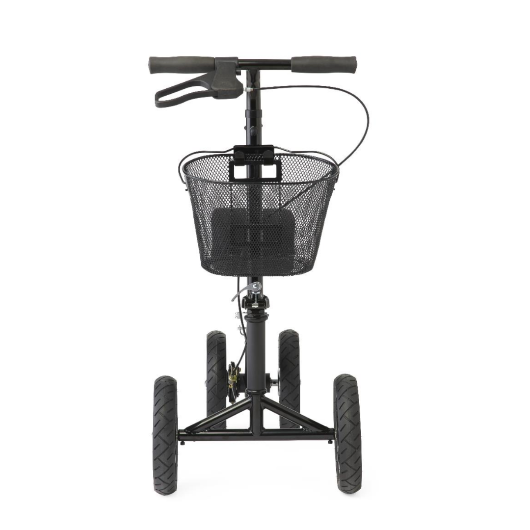 The Medline All-Terrain Portable Knee Walker features four large all-terrain wheels, handlebars with a brake lever, and a black mesh basket attached to the front for convenience.