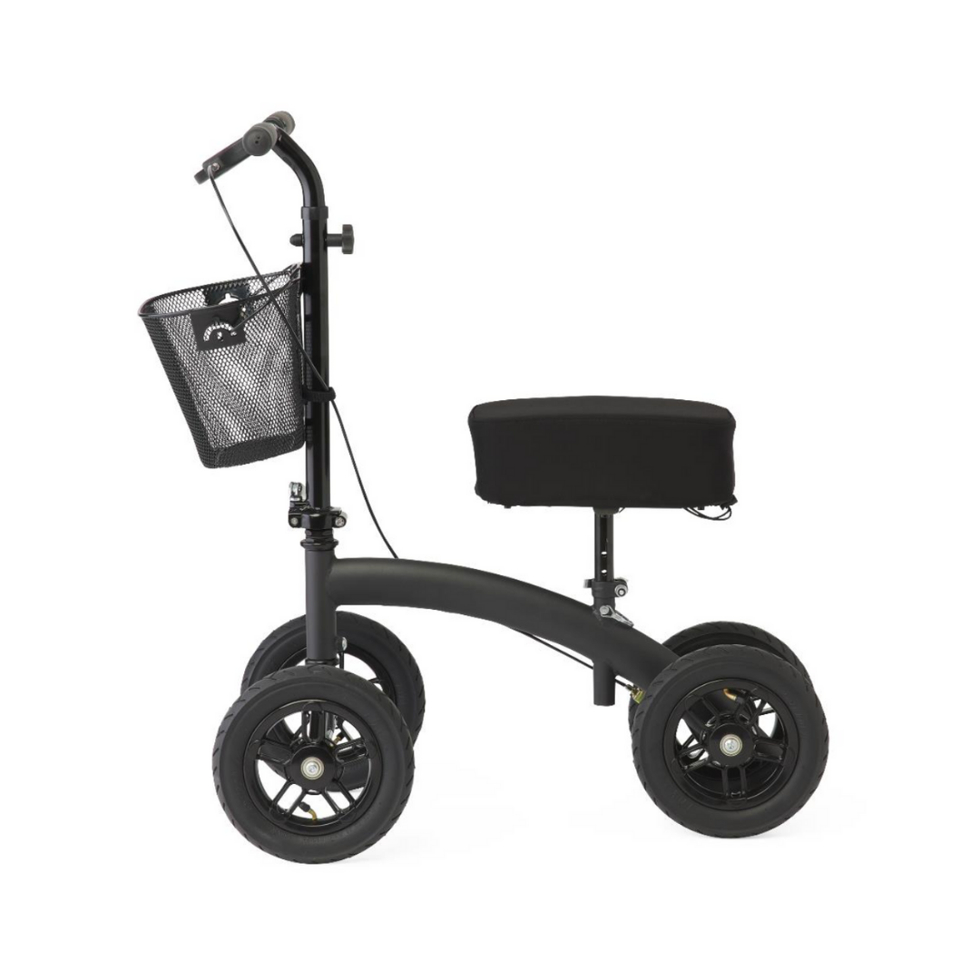 The Medline All-Terrain Portable Knee Walker features all-terrain wheels, a padded knee rest, height-adjustable handlebar, and a front mesh basket, offering stable and comfortable mobility for individuals with leg injuries.