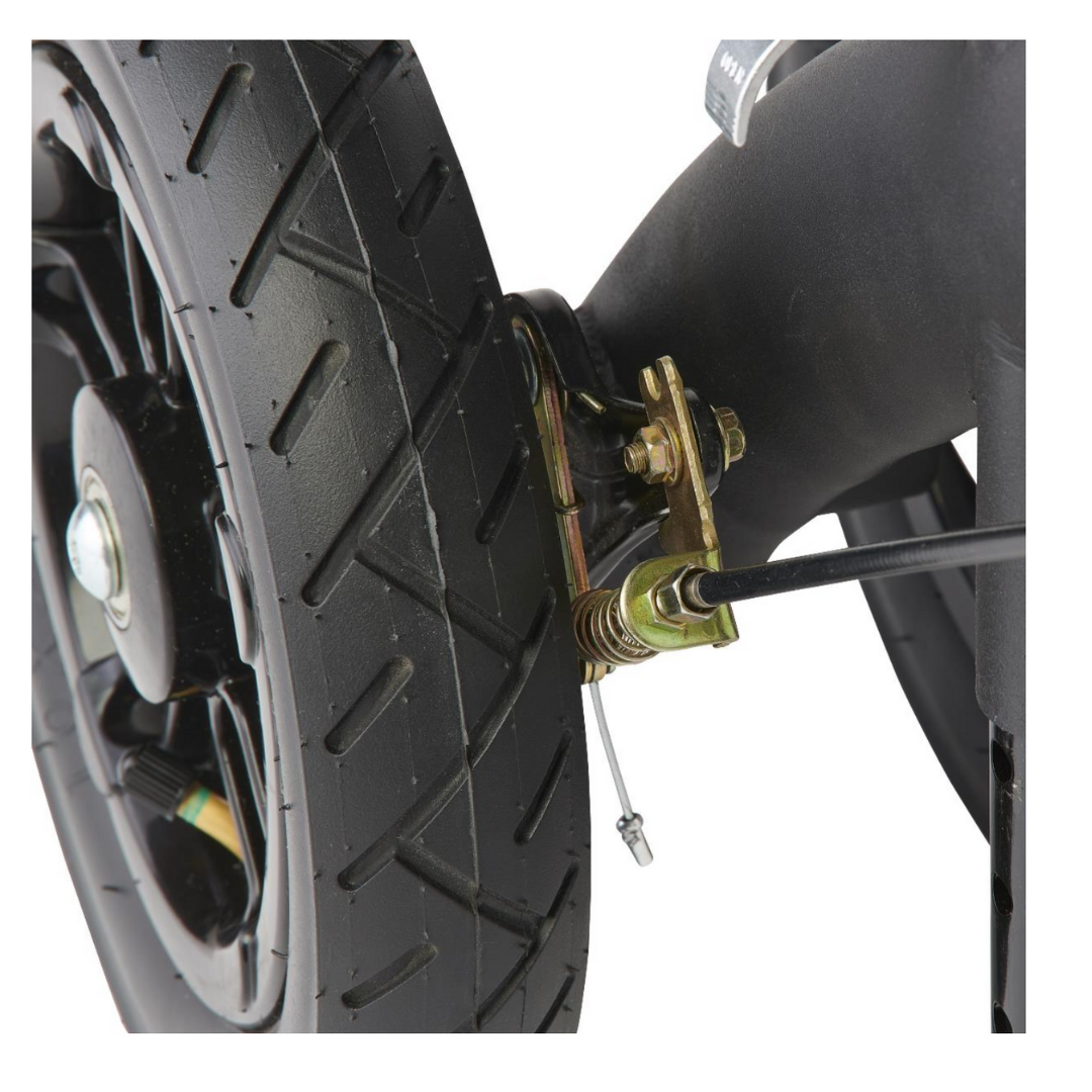 Close-up of a black rubber wheel with visible tread, attached to a metal frame on the Medline All-Terrain Portable Knee Walker, which features heavy-duty wheels and a height-adjustable design.