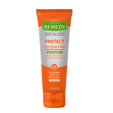 A 4 oz orange tube of Medline Remedy Specialized Zinc Oxide Paste with Menthol, unscented, paraben free, hypoallergenic, and formulated with Phytoplex Botanical Complex to protect skin exposed to moisture.