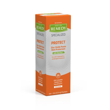 A box of Medline Remedy Specialized Zinc Oxide Paste with Menthol - Packets, featuring 14 orange and white packets with green accents, designed for skin protection from prolonged moisture exposure.