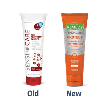 Two tubes of skin protectant are side by side. The left, labeled “Old,” is Sensi Care Skin Protectant Barrier. The right, labeled “New,” is Medline Remedy Specialized Extra Thick Zinc Oxide Paste for sensitive skin and moisture barrier protection.