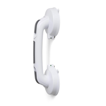 The Medline Suction Cup Shower Grab Bars with Locking Indicator securely attach to vertical surfaces with suction cups on both ends and have a black grip in the middle, ensuring safe shower support.