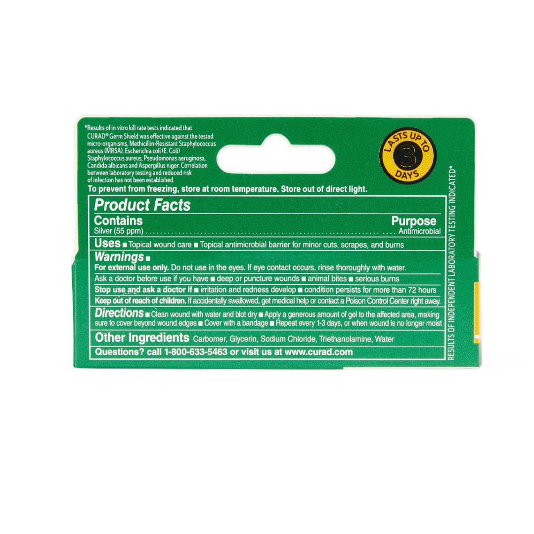 Back of a green Medline CURAD Germ Shield Antimicrobial Wound Gel box showing product facts, directions, warnings, ingredients, and contact info for a topical gel that offers antimicrobial protection and supports wound healing for minor cuts and scrapes.