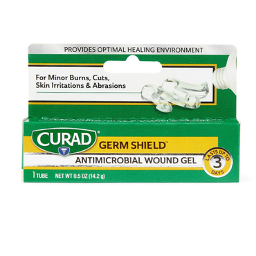 Medline CURAD Germ Shield Antimicrobial Wound Gel, 0.5 oz, provides up to 3 days of antimicrobial protection and promotes healing for minor burns, cuts, skin irritations, and abrasions.