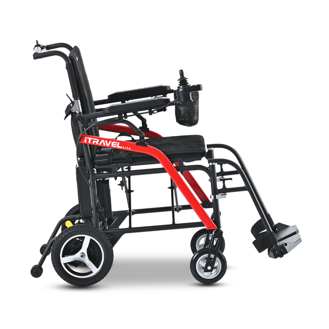 The Metro Mobility iTravel Lite Portable Powerchair is a modern, lightweight travel wheelchair with a black seat, red frame, right-arm joystick control, footrests, small wheels, and is airplane-friendly for easy travel.