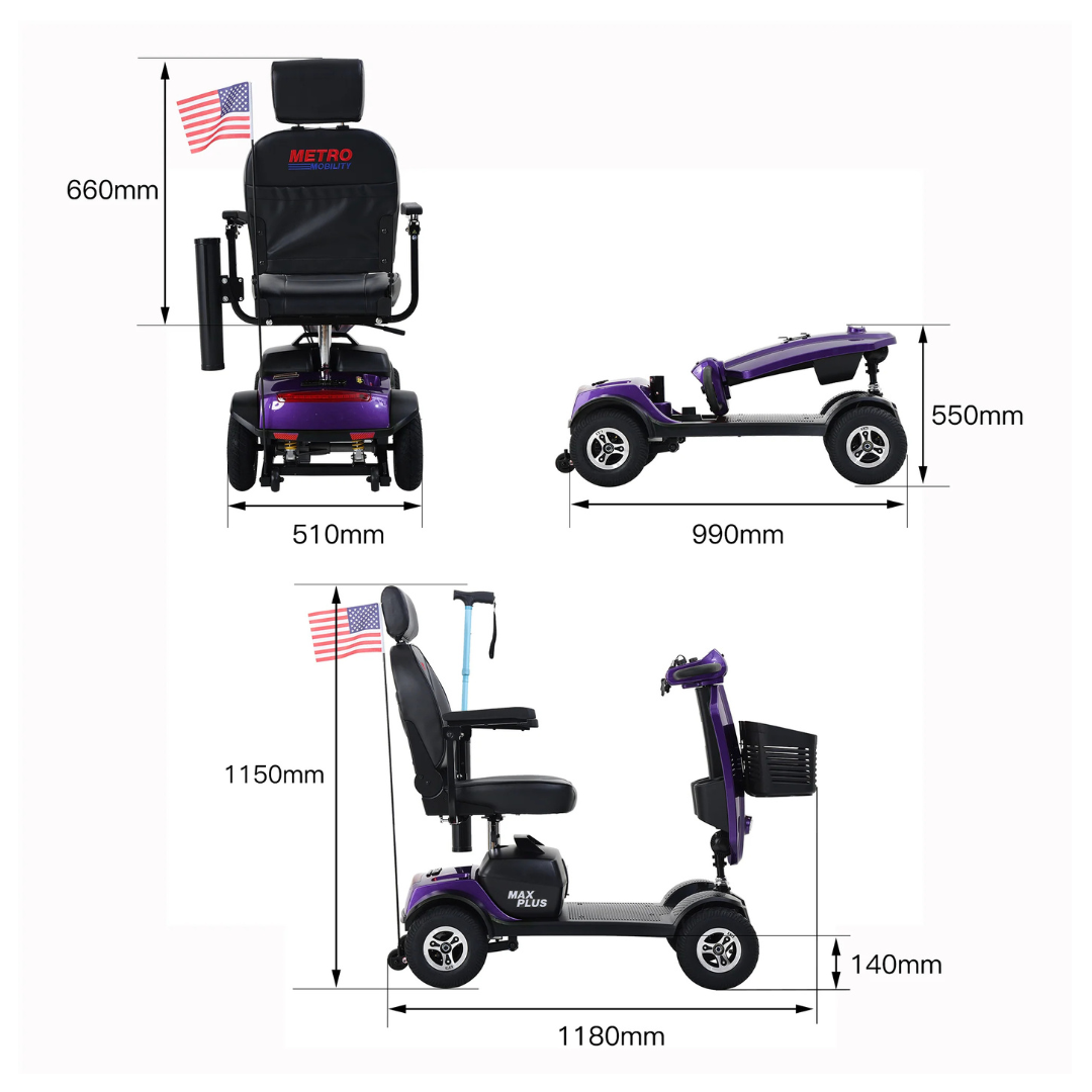Diagram showing the metro Mobility MAX Plus Scooter in black and purple, 16-mile range; seat height: 660mm, width: 510mm, folded length: 990mm, folded height: 550mm, overall height: 1150mm, length: 1180mm, ground clearance: 140mm.