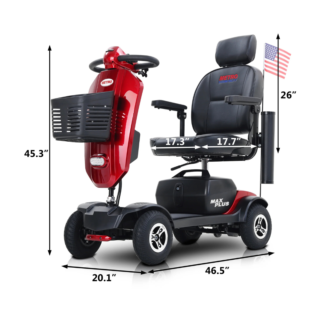 The metro Mobility MAX Plus Scooter features a red frame, black seat with armrests, front basket, small American flag, and durable pneumatic tires. Dimensions: 45.3H x 46.5L x 20.1W; seat: 17.3W x 17.7D; powered by a robust 300W motor.