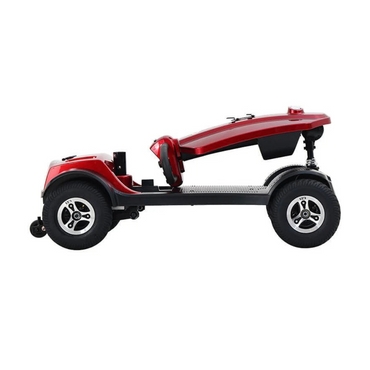 The metro Mobility MAX Plus Scooter, shown in red and black with its seat and handlebars folded down, features a 300W motor and provides a reliable 16-mile range for convenient travel.