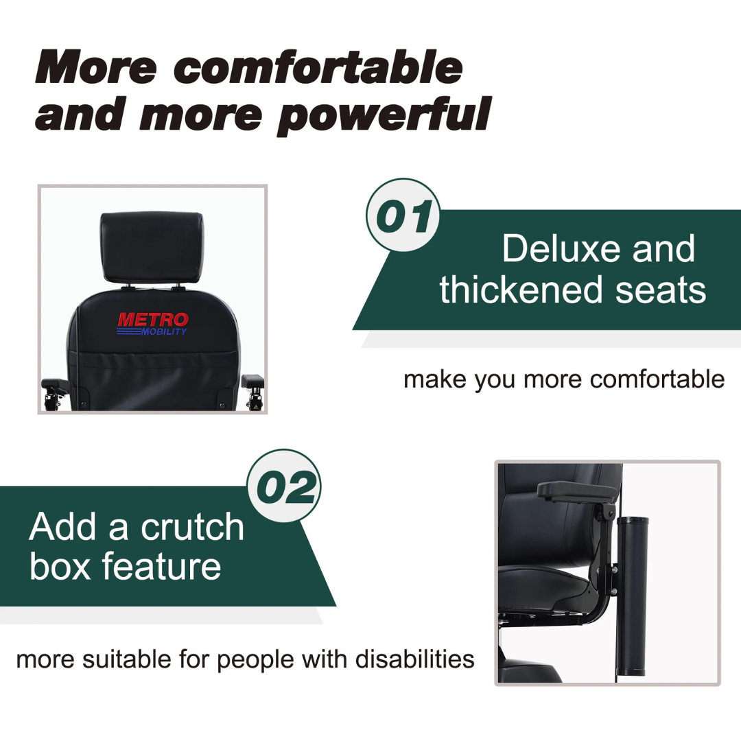 Image showing the features of the metro Mobility MAX Plus Scooter: deluxe thickened seats for comfort, a powerful 300W motor, 16-mile range, and a crutch box for enhanced accessibility for people with disabilities.
